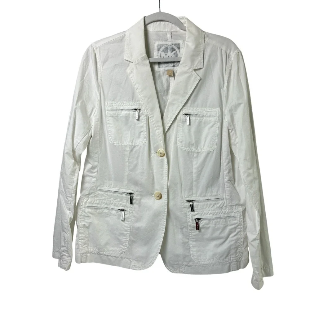 Michael Kors Utility Jacket Size 14 White Two-Button Zip Pockets Lightweight
